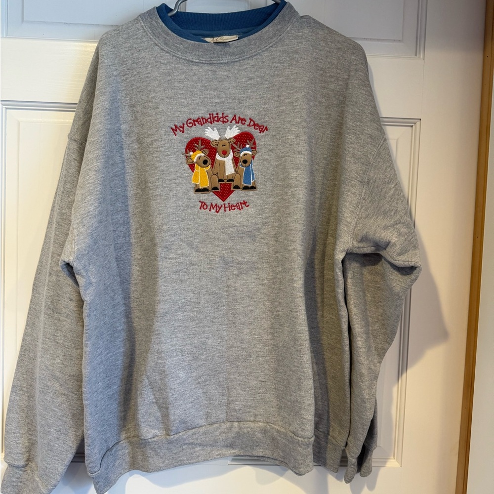Gray Grandma Crewneck Sweater with Embroidered Design